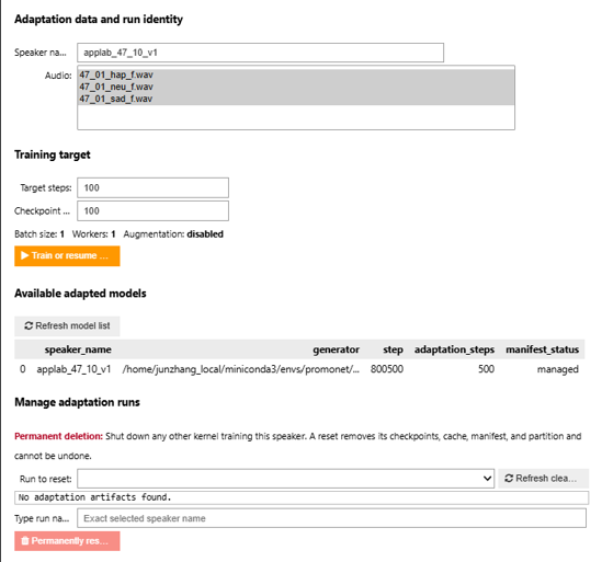 Speaker-adaptation notebook interface with recording and training controls.
