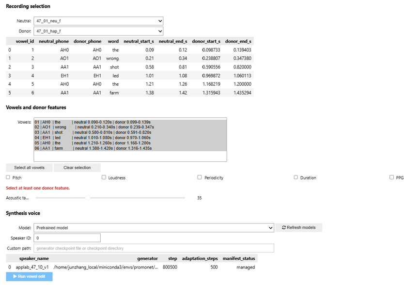 Vowel-level editing notebook interface with aligned recordings and donor-feature controls.